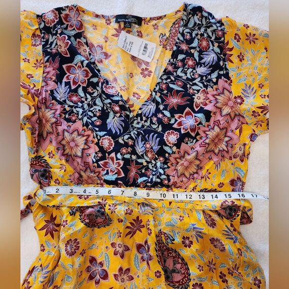 Boho Chic Yellow Paisley Surplice Tie Waist Ruffle Hem Dress Large - Picture 8 of 12